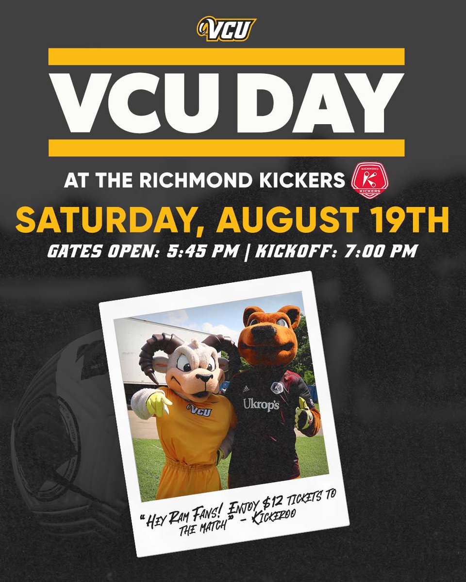 VCU Athletics (@vcuathletics) on Twitter photo Our final VCU DAY of the summer is just a few days away! We can't wait to see Ram Nation at the <a href="/RichmondKickers/">Richmond Kickers 🦘</a> game on Saturday, August 19th at 7:00 p.m. ⚽️
🎟️🔗: richmondkickers.group/vcunightdiscou…
#VCUDAY #LetsGoVCU Our final VCU DAY of the summer is just a few days away! We can't wait to see Ram Nation at the <a href="/RichmondKickers/">Richmond Kickers 🦘</a> game on Saturday, August 19th at 7:00 p.m. ⚽️
🎟️🔗: richmondkickers.group/vcunightdiscou…
#VCUDAY #LetsGoVCU