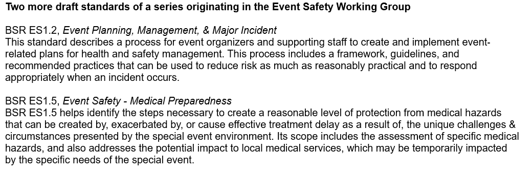 ESTA_Standards's tweet photo. Event Safety Working Group has two standards in public review--check them out! 
https://t.co/I7t1wnbUQb
The deadline for review is September 26, 2023. https://t.co/XqirToQhU9