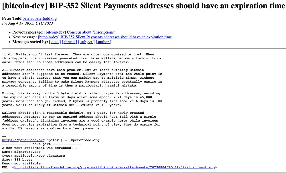 NEW: #Bitcoin Core developer and founder of OpenTimestamps, Peter Todd,  advanced Bitcoin Improvement Proposal 352 (BIP-352) for integrating  expiration dates to silent payment addresses due to concerns for  compromised or lost wallets 🧐