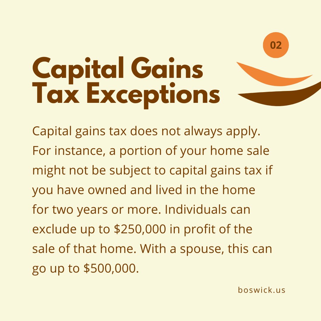 BoswickTax's tweet photo. Part 2 of Capital Gains Tax! Exemptions and exceptions? We've got you covered! Time to save on capital gains! 💡💪 #CapitalGains #TaxTips #SaveMoney #FinancialFreedom #SmartInvesting https://t.co/KI24efgAQy