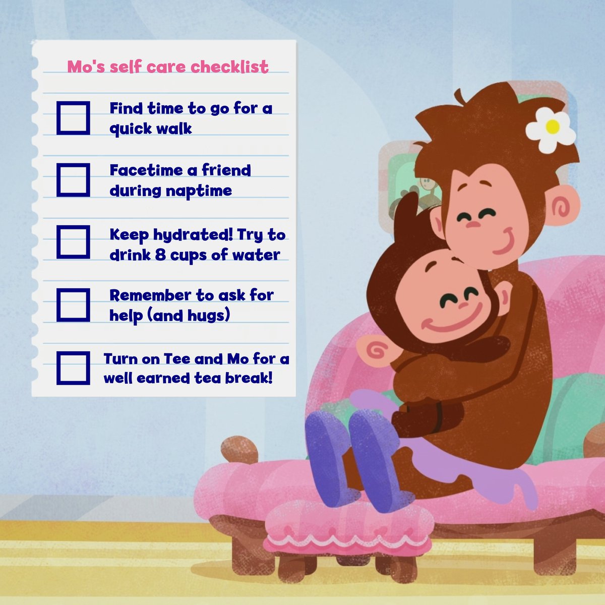 TeeandMo's tweet photo. Happy Hump Day π±
Feeling a bit burnt out? Swipe to see Moβs self care checklist for busy mums!
Have you managed to tick off any of Mo's suggestions from your list this week?π
#TeeandMo #CBeebies #HumpDay #Selfcare https://t.co/X213nx4qic