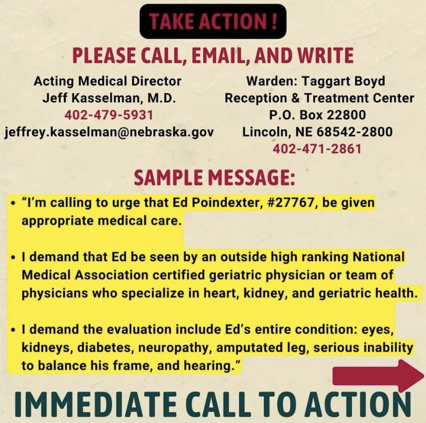 Haki_Shakur's tweet photo. #blackaugust Urgent Medical ⛑️🏥 Alert: Please make 2 calls for elder Political Prisoner #EdPoindexter. We are demanding that the prison system let Ed see an outside, reputable doctor to determine that Ed is experiencing a diminishingng quality of life that is irreversible. https://t.co/SH6CZpiKce