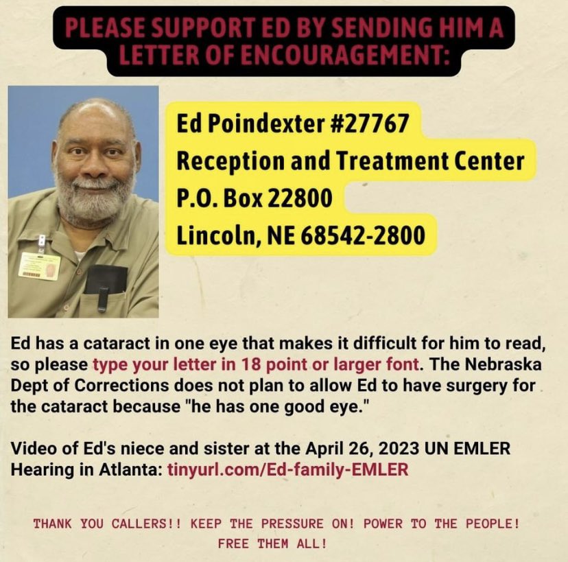 Haki_Shakur's tweet photo. #blackaugust Urgent Medical ⛑️🏥 Alert: Please make 2 calls for elder Political Prisoner #EdPoindexter. We are demanding that the prison system let Ed see an outside, reputable doctor to determine that Ed is experiencing a diminishingng quality of life that is irreversible. https://t.co/SH6CZpiKce