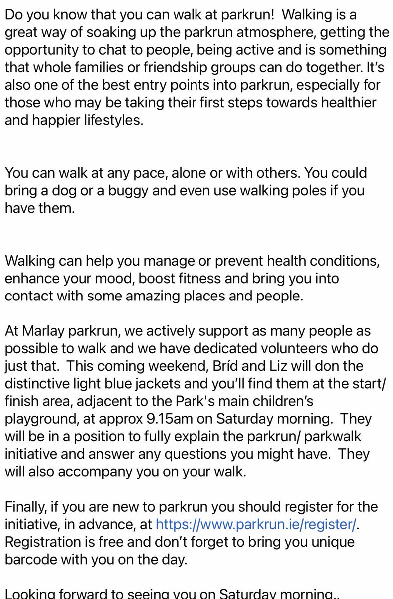 marlayparkrun's tweet photo. If you know someone who’d appreciate a casual walk with us on Saturday please encourage them to come along. We’ll take good care of them.

#loveparkrun https://t.co/Arj1aI1Es4