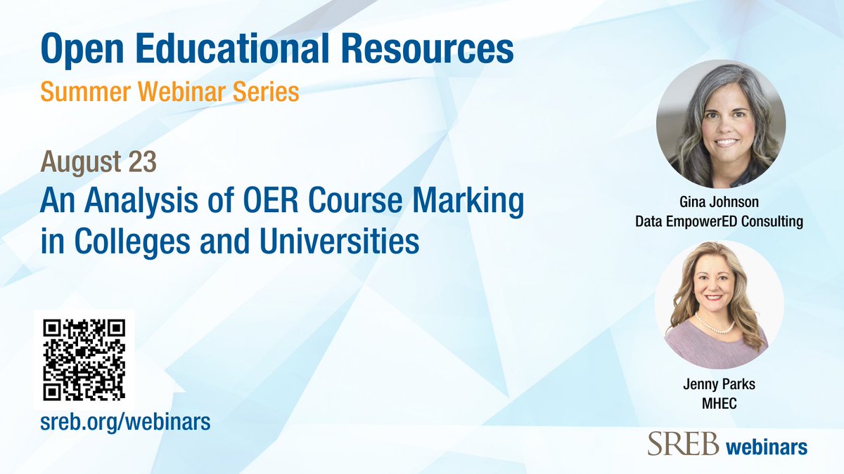 Join us for the last webinar in our four-part series on #OER on Wed., Aug. 23, at  2 p.m. ET. Explore ways to use student outcomes to measure the value of open educational resources with <a href="/mhec12/">MHEC</a> and its NCOER partners. #goopen sreb.org/webinars