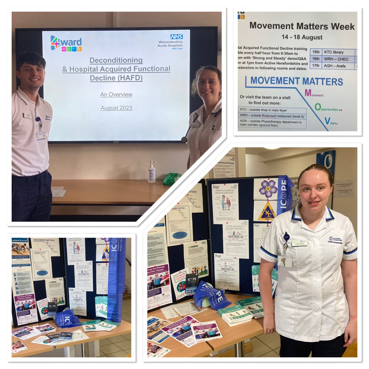 Big shout out to Physio Students Dan & Charlotte @uworcphysio. Helping the team educate about HAFD and keeping patients active. Teaching delivered and stand covered. Great work 👏🏻 @WorcsAcuteNHS @WAHT_Physio