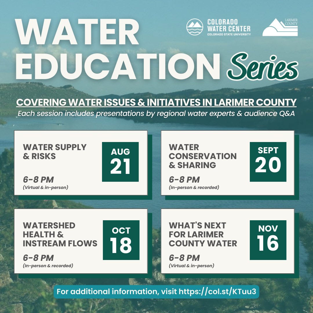 The Larimer Board of County Commissioners, in collaboration with the <a href="/COWaterCenter/">Colorado Water Center</a> at Colorado State University, is launching a water education series to give the local community valuable insights into critical water-related issues and initiatives.
col.st/KTuu3