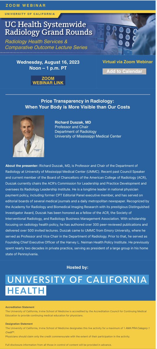 Gelareh Sadigh, MD (@gelarehsadigh) on Twitter photo Excited to have <a href="/RichDuszak/">Rich Duszak, MD</a> <a href="/UMMCRads/">UMMC Department of Radiology</a> as UC wide #HSR grand round speaker today. Join us for an exciting talk on #price
Our panelists:
<a href="/SeanWoolenMD/">Sean Woolen MD MS</a> <a href="/UCSFimaging/">UCSF Imaging</a>
Cynthia Santillon <a href="/UCSDHealth/">UC San Diego Health</a>
Nina Capiro <a href="/RadiologyUcla/">UCLA Radiology</a>
Ben Carney <a href="/UCDavisHealth/">UC Davis Health</a>
<a href="/GelarehSadigh/">Gelareh Sadigh, MD</a> <a href="/UCIrvineHealth/">UCI Health</a> Excited to have <a href="/RichDuszak/">Rich Duszak, MD</a> <a href="/UMMCRads/">UMMC Department of Radiology</a> as UC wide #HSR grand round speaker today. Join us for an exciting talk on #price
Our panelists:
<a href="/SeanWoolenMD/">Sean Woolen MD MS</a> <a href="/UCSFimaging/">UCSF Imaging</a>
Cynthia Santillon <a href="/UCSDHealth/">UC San Diego Health</a>
Nina Capiro <a href="/RadiologyUcla/">UCLA Radiology</a>
Ben Carney <a href="/UCDavisHealth/">UC Davis Health</a>
<a href="/GelarehSadigh/">Gelareh Sadigh, MD</a> <a href="/UCIrvineHealth/">UCI Health</a>