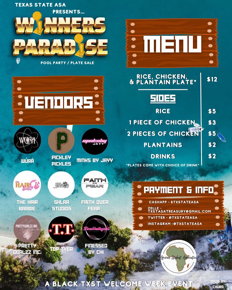 *UPDATED VENDOR LIST*
We have a giveaway currently going on, on our Instagram. Follow @txstateasa on IG for more info!!!