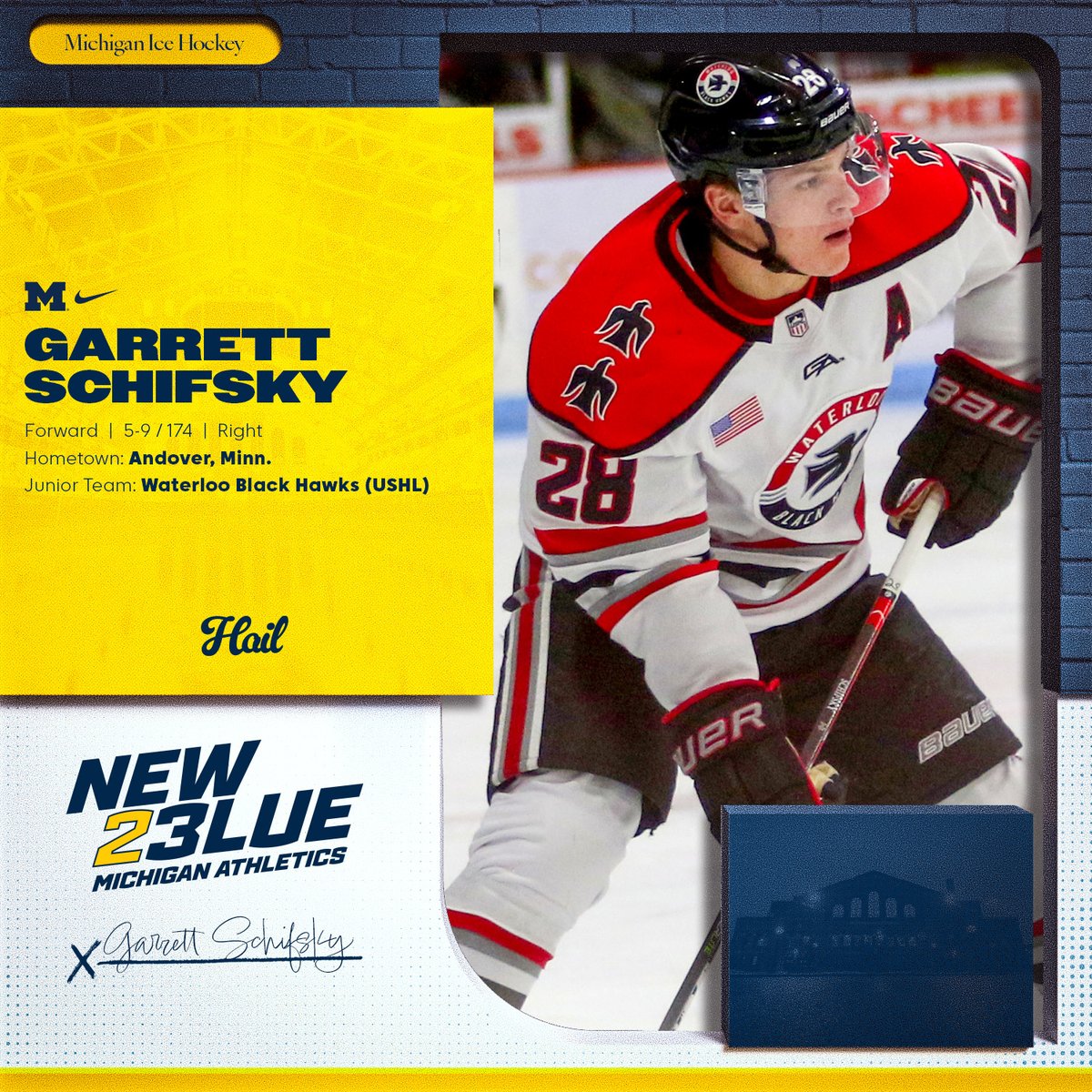 Michigan Hockey (@umichhockey) on Twitter photo The captain of the <a href="/BlckHawksHockey/">Waterloo Black Hawks</a>, Garrett Schifsky led the team in scoring in each of the last two seasons. A Biosteel All-American, he won gold with
<a href="/usahockey/">USA Hockey</a> at the 2022 World Junior A Challenge.
#GoBlueć½ļø The captain of the <a href="/BlckHawksHockey/">Waterloo Black Hawks</a>, Garrett Schifsky led the team in scoring in each of the last two seasons. A Biosteel All-American, he won gold with
<a href="/usahockey/">USA Hockey</a> at the 2022 World Junior A Challenge.
#GoBlueć½ļø