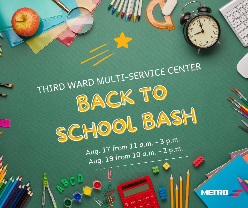 Stop by the METRO table at the annual Back to School Bash at the Third Ward Multi-Service Center this week for free school supplies, interactive games, giveaways and more! 📚✏️🍎 We'll also provide updates and get your input for the METRORapid University Corridor Project.
