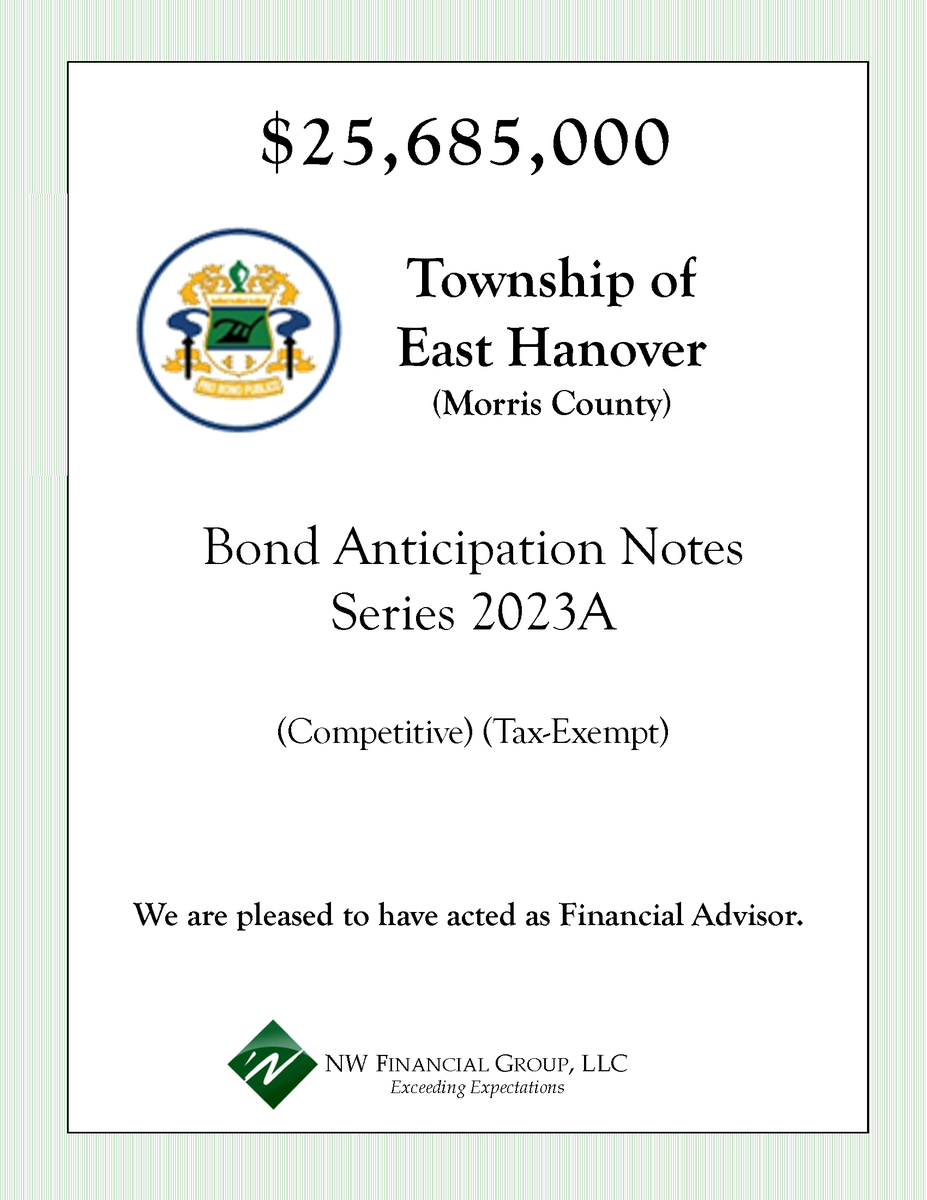 NWFinancialGrp's tweet photo. NW Financial served as Financial Advisor to the Township of East Hanover on the following note transaction which closed on August 10, 2023.

#financialadvisor #financialconsulting #municipalfinance #nwfinancial #EastHanoverNJ #morriscountynj #morriscounty #NewJersey https://t.co/ZQ7IzwDAf1
