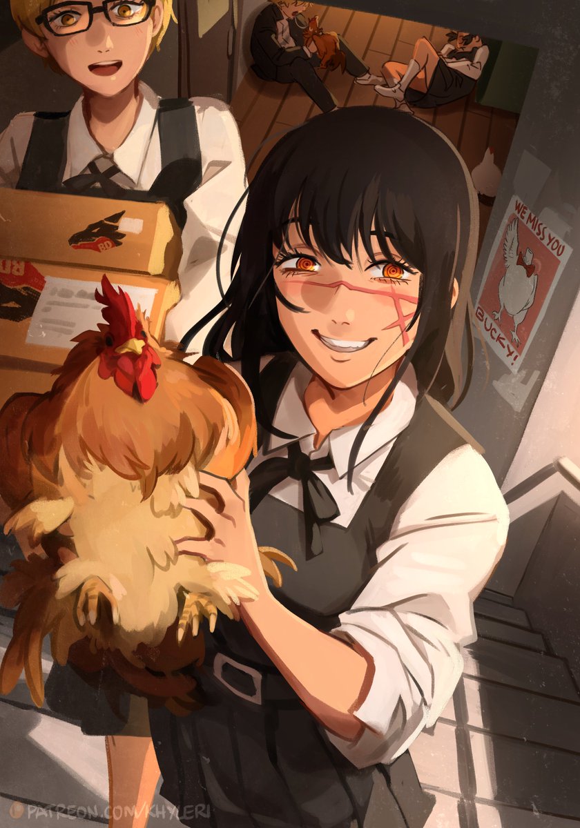 denji (chainsaw man) chicken scar on face scar pinafore dress black hair smile glasses  illustration images