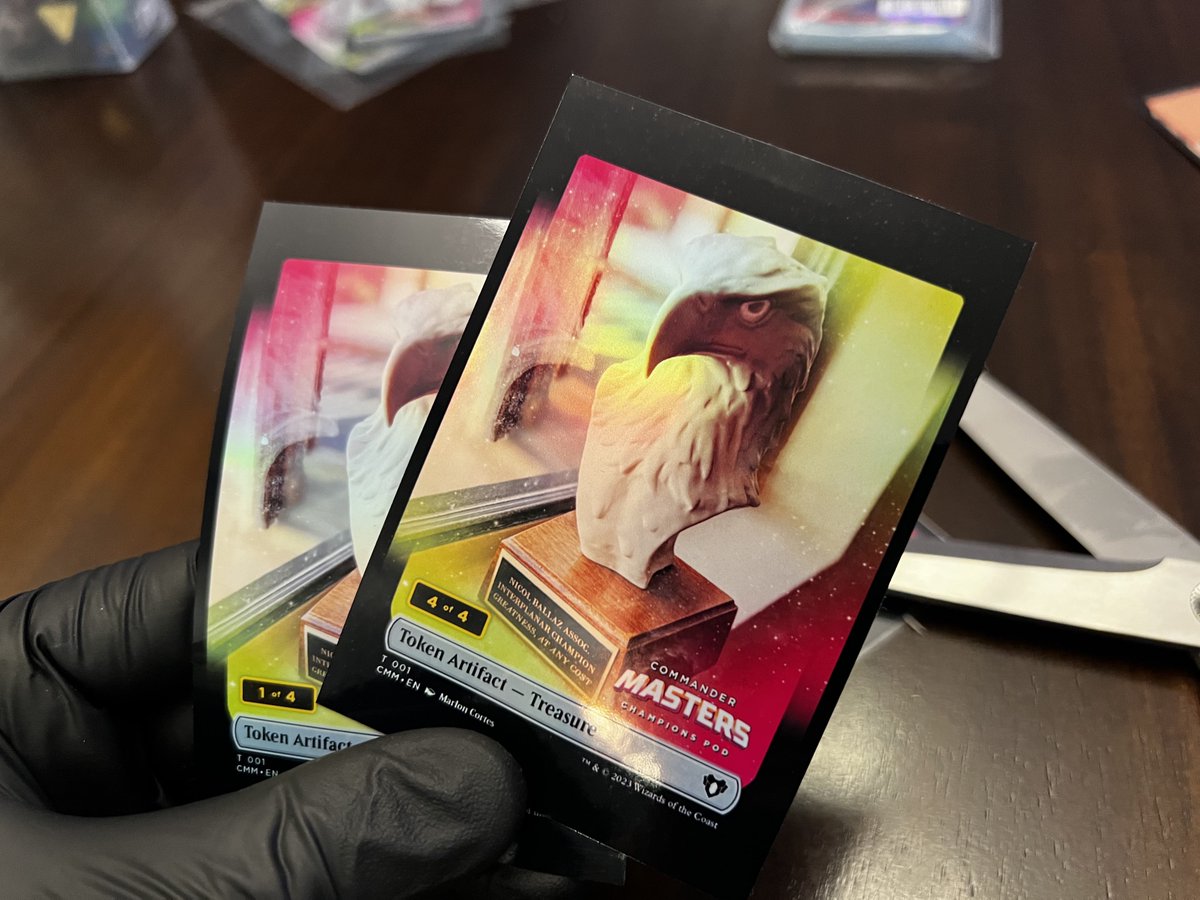 YoungCorpseTV's tweet photo. Cooked up some serialized extended art treasure tokes for our Commander Masters event this weekend. Numbered to 4 for the champions pod. haha #hyped https://t.co/uvs7MlhDj5