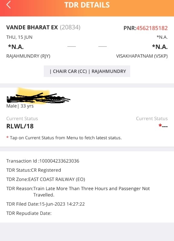 Yours_Srinubabu's tweet image. @IRCTCofficial I had booked a ticket in #VANDEBHARAT (20834) from #RJY TO #VSKP on 15-6-23 due to some issue it was runned  late more than 5 hours, so I had canceled d ticket &amp;amp;Tdr filled, Still I didn't get my refund @EastCoastRail @AshwiniVaishnaw @DRMWALTAIRECOR @RailMinIndia