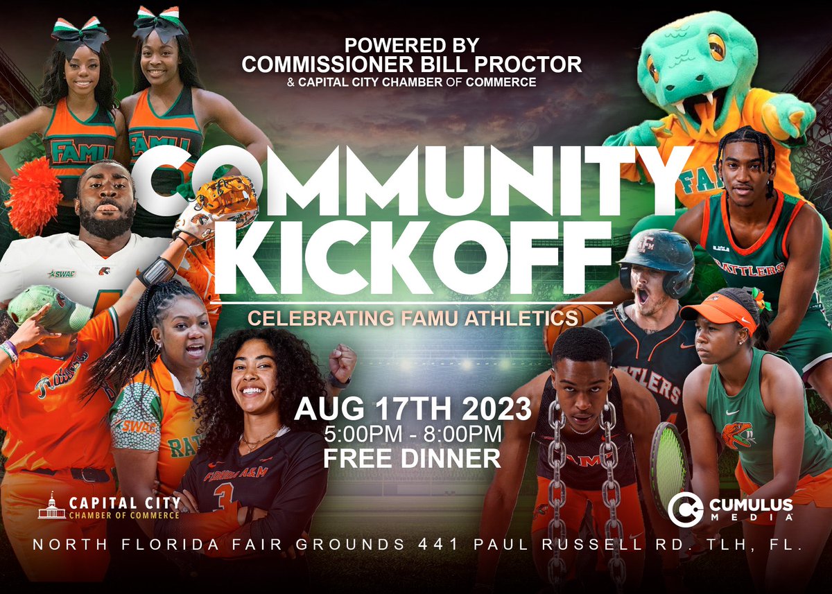 FAMUAthletics's tweet image. #RattlerNation,

Head to the North Florida Fairgrounds Thursday evening as Commissioner Bill Proctor and the Capital City Chamber of Commerce host a community kickoff to celebrate FAMU Athletics. 

#FAMU | #FAMUly | #Rattlers | #FangsUp 🐍