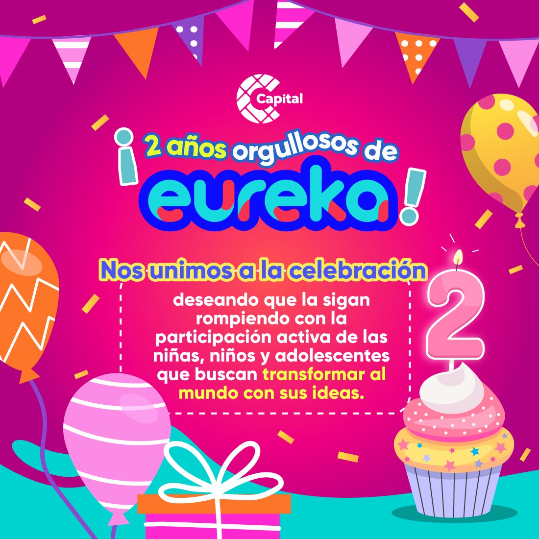 CanalCapital's tweet photo. 🎊Que los cumpla feliz, que los vuelva a cumplir🎉

Desde Capital le deseamos a #eurekaTuCanal los mejores éxitos en su segundo año de vida repleto de programas para niñas, niños y jóvenes, mucho aprendizaje y diversión 🥳.

🎶Que los siga cumpliendo, hasta el año 10 mil 🎶🎂 https://t.co/hBcKXgRNIr