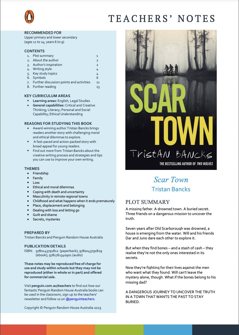 Scar Town teaching materials are online now, including: 1. Inspiration & influences 2. Writing style 3. Key study topics (ethical dilemmas, mortality, friendship) 4. Key symbols (scars, the lake) tristanbancks.com/2023/08/scar-t… @penguinteachers #teachers #english #bookstudy #literacy