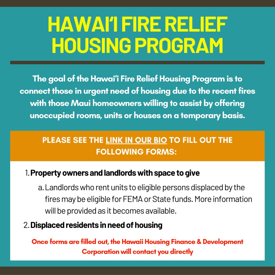 GovJoshGreenMD's tweet photo. The purpose of the Hawai`i Fire Relief Housing program is to connect those in urgent need of housing due to the recent fires with those Maui homeowners willing to assist by offering unaccompanied rooms units or houses on a temporary basis. https://t.co/ikgh9QkzWE