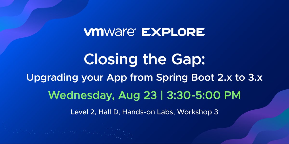 Want to know how to optimally upgrade your apps from Spring Boot 2.x to 3.x? 🤔

Join our hands-on lab session at #VMwareExplore, where we'll guide you through upgrading a Spring Boot 2.x app to 3.x for increased security, performance, and observability.

ow.ly/6SnY50PA8gC