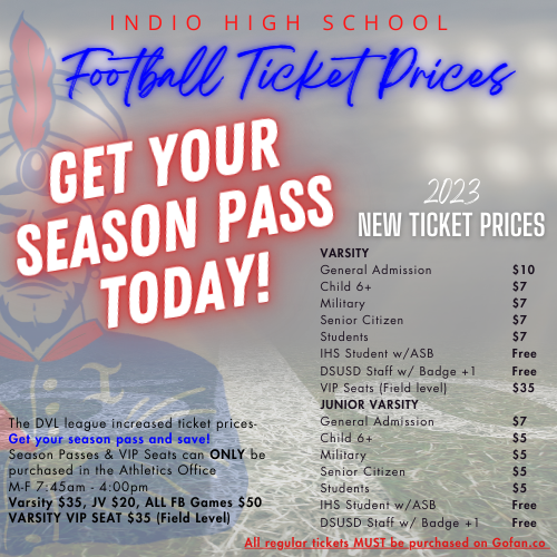 Mrs21Rodriguez's tweet photo. 🚨RAJAHS!!  Football season is here.  DVL has new ticket prices.  Save money with a SEASON PASS!  You can purchase season passes and VIP Seats starting TOMORROW, in the Athletics Office.  GO RAJAHS!!  #RajahsRiseAsOne  #RajahThat @IHSRajahs @IndioHS_Sports @CoachZer0 https://t.co/9FLsPPtIgb