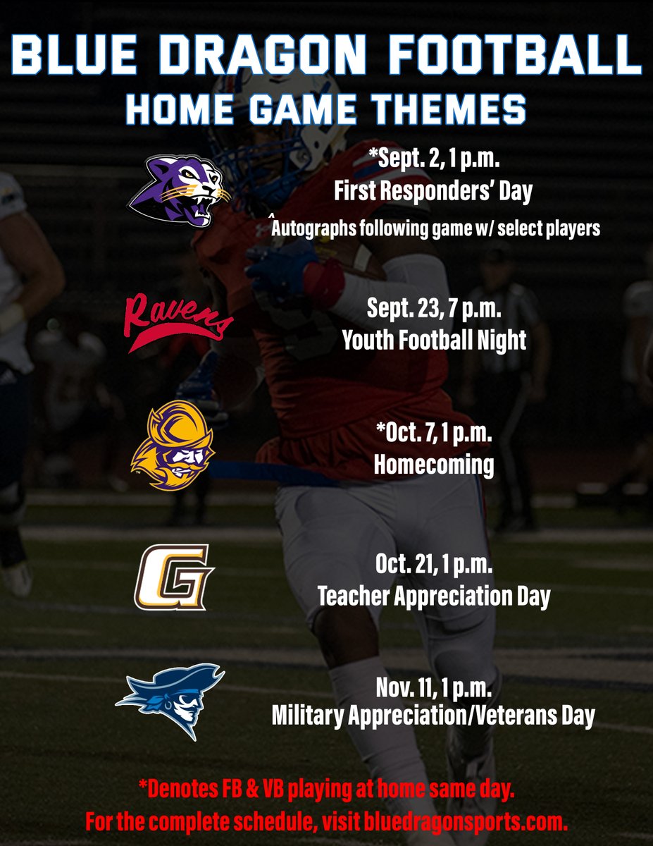 Blue Dragon fans and students ‼️ Here are the home game themes for @BlueDragonsFB! Let's pack Gowans Stadium! 🏈: bluedragonsports.com/sports/fball/2… #BreatheFire