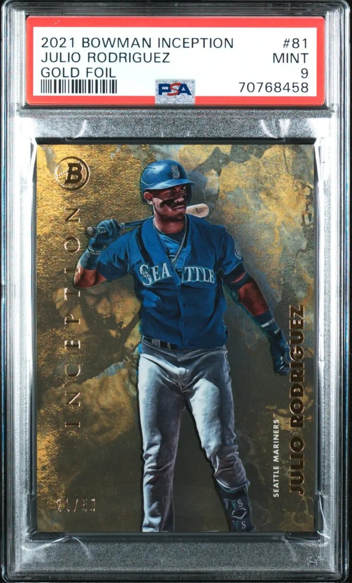 bubblegumcards's tweet photo. $250  

2021 Bowman Inception Julio Rodriguez Gold Foil /50 PSA 9 Mariners

Please see pinned tweet for sales details. 

Consign with us today!
@ https://t.co/oLcDbJuVZT

#bgcc #thehobby #topps #bowman #mlb #juliorodriguez #jrod #seattle #seatllemariners #mariners #PSA https://t.co/7cb8sGVJEJ