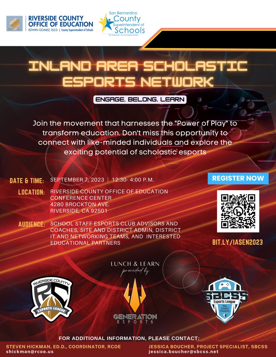 Get ready to kick-off the new school year with the Inland Area Scholastic Esports Network! Join us on 9/7/23, and don't miss this great opportunity to connect with esports peers and explore the "Power of Play." bit.ly/IASEN2023 #scholasticesports #RCOE #SBCSS #education