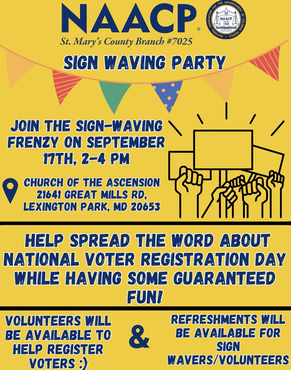 StMarysNAACP's tweet photo. A good time is guaranteed!! Sign up to volunteer here: https://t.co/oXy3o50eFa  

Please direct any questions to our Committee Chair, Roderick at smcpac7025@gmail.com  #stmarysnaacp #voteready #naacp https://t.co/5UiL4aO7Ws