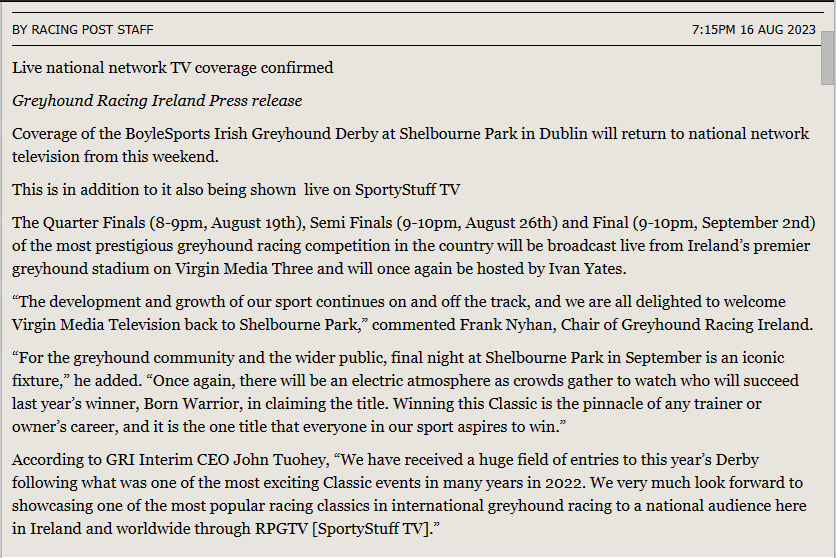RPMutley's tweet photo. Enough to make a Greyhound drool. Upcoming 
 Irish Derby Quarter Finals @shelbournepark   Sat (8-9pm, August 19th) on @rpgreyhounds #RPGV also on @VirginMediaIE 3 . Hosts @TVdarrell versus Ivan Yates , now there's the best match race since Scurlogue Champ versus Ballyregan Bob 🤔 https://t.co/JzHhGZrkGh