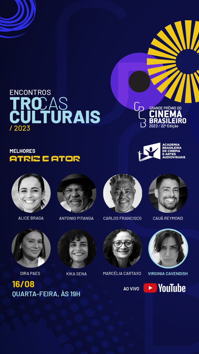 Assista agora ao encontro Trocas Culturais com os finalistas das categorias Melhor Ator e Melhor Atriz do Grande Prêmio do Cinema Brasileiros 2023. youtube.com/live/_pcwOK5n6…