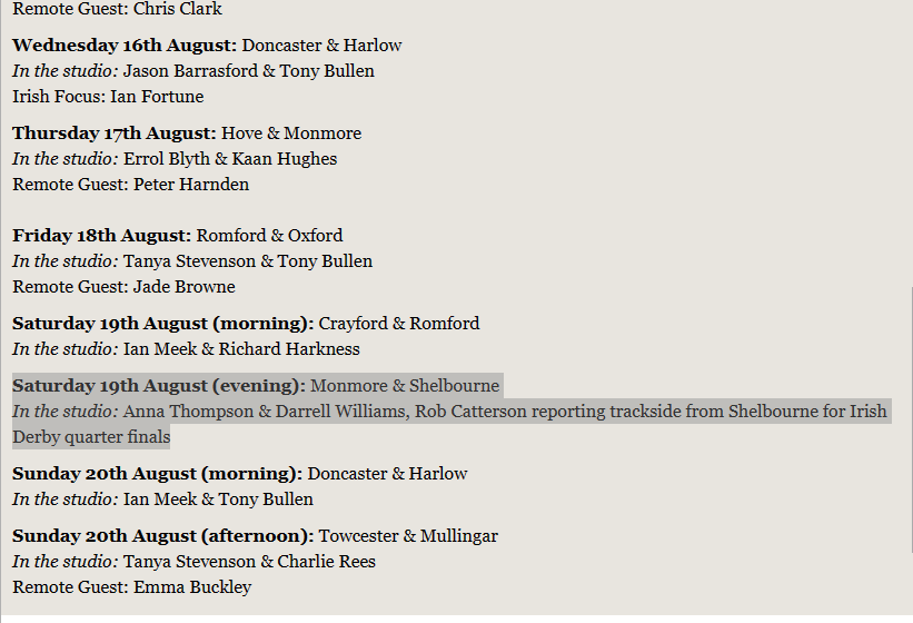 RPMutley's tweet photo. Enough to make a Greyhound drool. Upcoming 
 Irish Derby Quarter Finals @shelbournepark   Sat (8-9pm, August 19th) on @rpgreyhounds #RPGV also on @VirginMediaIE 3 . Hosts @TVdarrell versus Ivan Yates , now there's the best match race since Scurlogue Champ versus Ballyregan Bob 🤔 https://t.co/JzHhGZrkGh