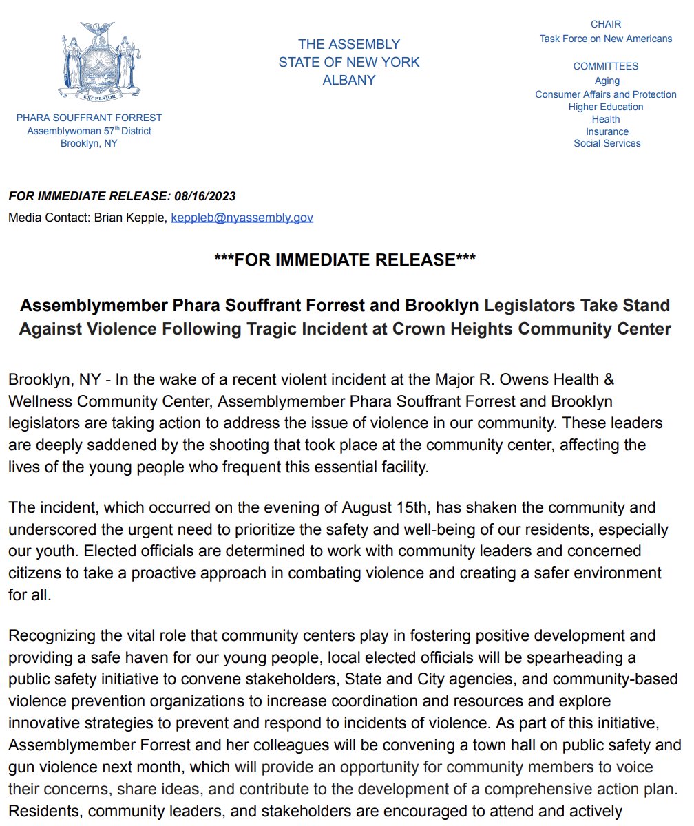 phara4assembly's tweet photo. Yesterday an act of violence shattered the calm of my district. Today my constituents should rest assured that  @SenatorMyrie, @NYAMCunningham, and I stand united in our commitment to the community and to finding solutions that will result in real public safety https://t.co/V9NLE4oBqq