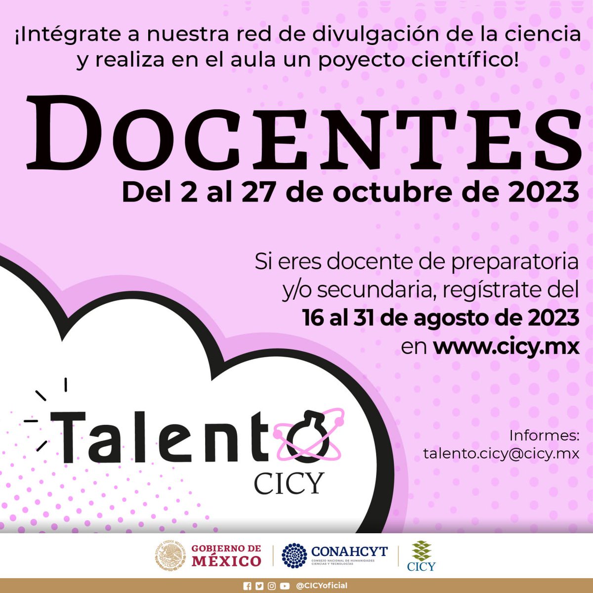 CICYoficial's tweet photo. Si eres #docente de preparatoria y/o secundaria, intégrate a nuestra red de #divulgación de la ciencia.

Consulta la #convocatoria  de #TalentoCICY Docentes en https://t.co/AXwWgzhIn7 https://t.co/yb26oJQ1kV