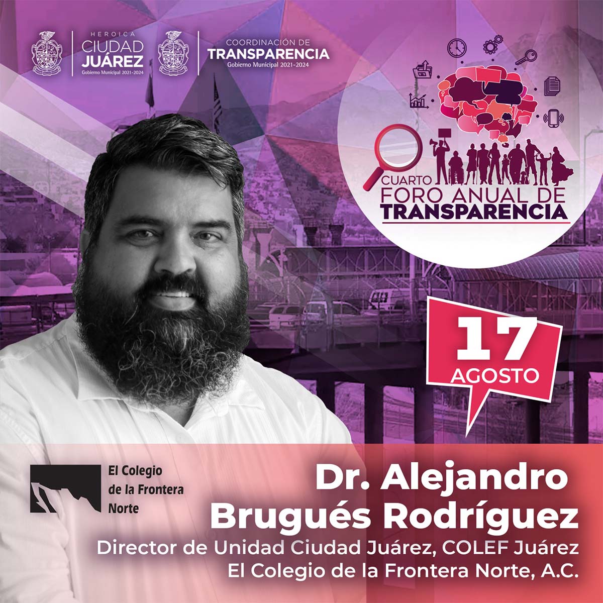 MunicipioJuarez's tweet photo. El cuarto Foro Anual de Transparencia: “Construyendo conciencia social a través del acceso a la información” inicia mañana, conoce a los participantes.

#UnidosTransformemosJuárez https://t.co/8oXFxinzgK