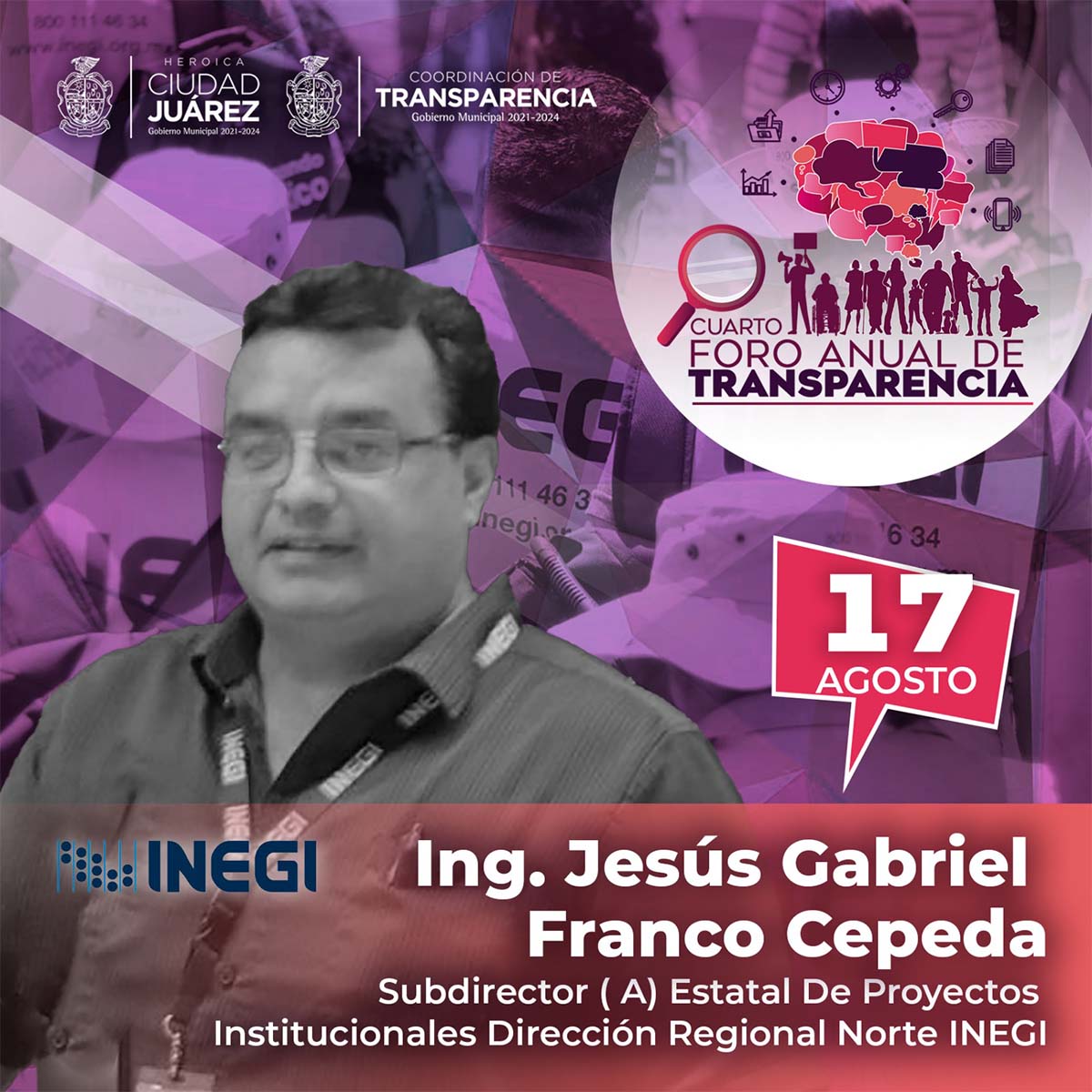 MunicipioJuarez's tweet photo. El cuarto Foro Anual de Transparencia: “Construyendo conciencia social a través del acceso a la información” inicia mañana, conoce a los participantes.

#UnidosTransformemosJuárez https://t.co/8oXFxinzgK