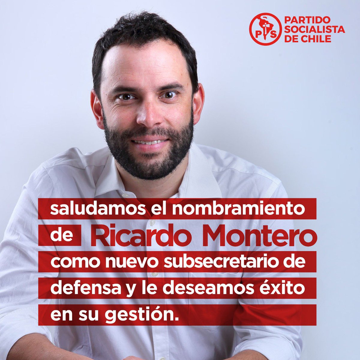 PSChile's tweet photo. Saludamos y le deseamos éxito al compañero Ricardo Montero, quien asume como nuevo Subsecretario de Defensa. https://t.co/sP7z4OkCPs