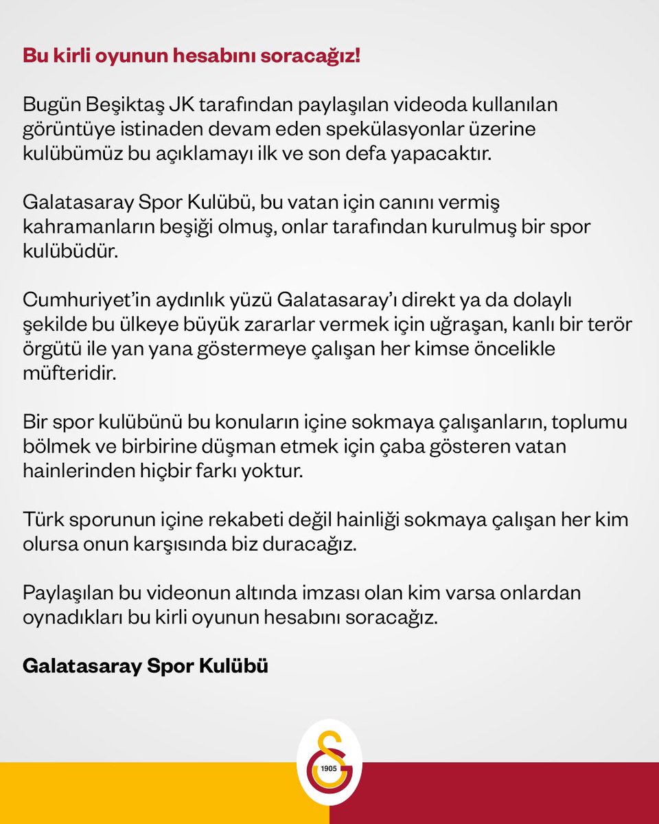 Galatasaray,Beşiktaş tarafından yayınlanan video ile ilgili açıklamada bulundu:

'Bu kirli oyunun hesabını soracağız'

#suriyeliler Bozova Otobüs #SuriyelilerSuriyeye #SuperCup #ManchesterCity #Genshin #GoMatildas #Ukraine