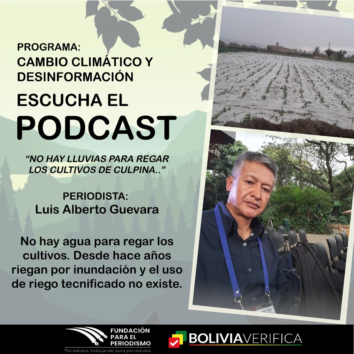 BoliviaVerif1ca's tweet photo. Conoce lo que dicen los pobladores de Culpina sobre la falta de agua y el método de riego que realizan. 👨🏻🌾🚜 🎙️Escucha el PodCast: https://t.co/KjVNlhY2QW
📝Hecho por Luis Alberto Guevara
🎥Más del tema en el canal de YouTube https://t.co/NIHqx7a8L2 #Pobladores #Culpina #Agua https://t.co/np8X4g9Y5W