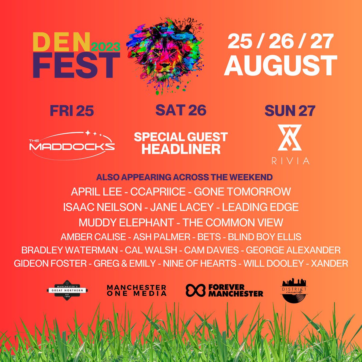 🎶🦁 DenFest 2023 🦁🎶 @lionsdenmcr @deansgatemews @gnwmanchester 

SAVE THE DATES 25 / 26 / 27 AUGUST 

Your Headliners this year are @themaddocksband & @rivia.band  plus VERY SPECIAL GUESTS on the Saturday 👀 Any guesses?🤔

A full weekend of Live Music and it’s all FREE ENTRY