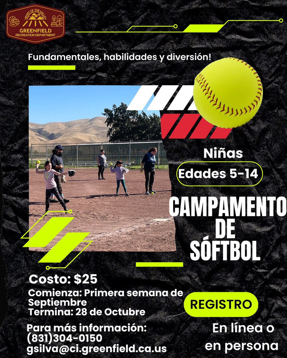 🥎🥎🥎
✍️ greenfieldcarec.com/home or at the Community Center in Patriot Park 
8️⃣ week program full of fundamentals, skills and fun!!! 🥳