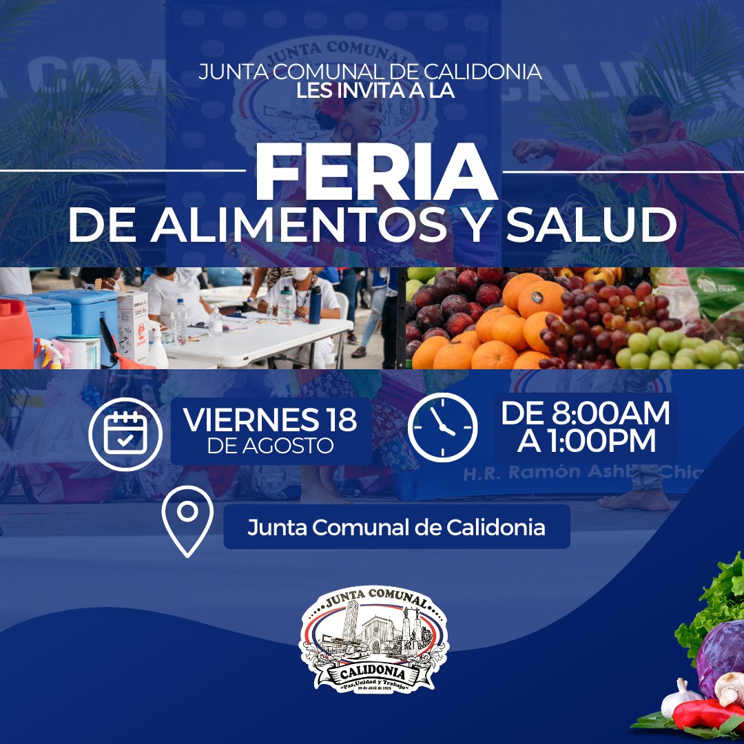 jccalidonia's tweet photo. "Te esperamos este viernes 18 de agosto de 8:00 a.m. a 1:00 p.m. en la Feria Interinstitucional en #Calidonia. Pruebas de salud, productos locales y deliciosos bocadillos. ¡No te lo pierdas! 🩺🍉🛍️ #FeriaInterinstitucional #SeguimosTrabajando" @AshbyChial https://t.co/PK43TpJ6wn