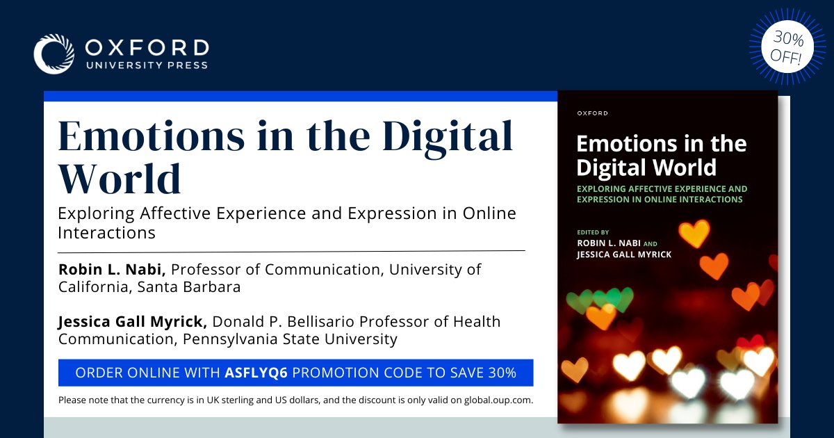 Jessica Gall Myrick, PhD (@jessmyrick) on Twitter photo So excited to see my co-edited volume on emotions in the digital media with Robin Nabi, published by <a href="/OxUniPress/">Oxford University Press</a>, out in the world! We have 22 chapters of insight and ideas from some really smart authors. 30% discount with code ASFLYQ6 global.oup.com/academic/produ… So excited to see my co-edited volume on emotions in the digital media with Robin Nabi, published by <a href="/OxUniPress/">Oxford University Press</a>, out in the world! We have 22 chapters of insight and ideas from some really smart authors. 30% discount with code ASFLYQ6 global.oup.com/academic/produ…
