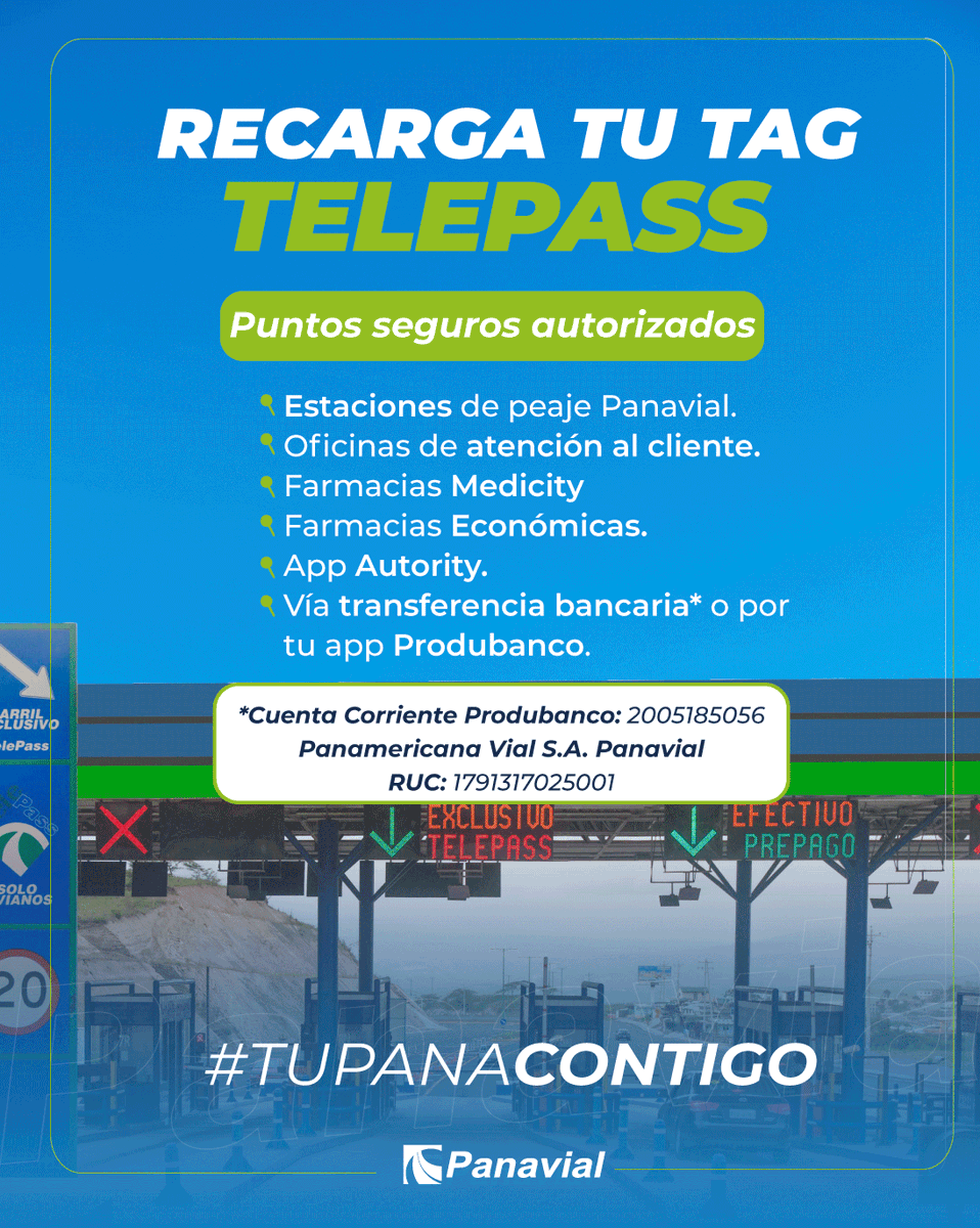 Panavial_ec's tweet image. #TuPanaContigo|¡Recuerda recargar tu #TelePass para disfrutar de viajes sin interrupciones!
Aquí tienes varias opciones de puntos de recarga autorizados.
¡Elige la opción que mejor se adapte a ti y visita los hermosos lugares a los que te lleva la mejor vía, la #Panamericana!