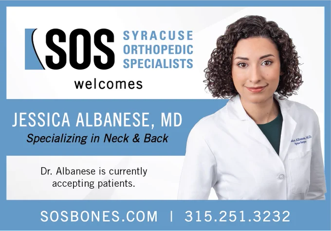 SOS Syracuse Orthopedic Specialists welcome Jessica Albanese, MD Specializing in Neck & Back. Dr. Albanese is currently accepting patients. SOSBONES.COM | 315.251.3232 spinal neck and back orthopedic specialist near Syracuse NY