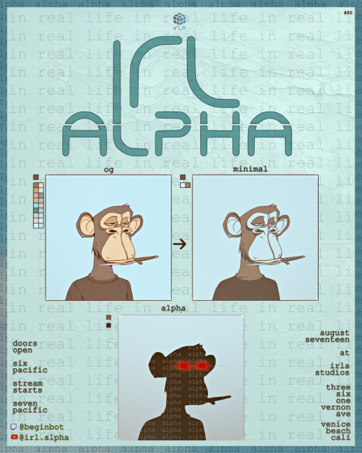 We're back for a brand new <a href="/irl_alpha/">irl alpha</a> tomorrow!

And will be joined by the incredibly smart &amp; interesting 
<a href="/aaadina/">Adina</a> before we lose her to Berlin! 😭

We'll be talking the latest in Web3/Art/AI, including:

- <a href="/grails/">Grails (🥃,🏆)</a> IV reveal
- degods szn III
- friend.tech
- and more!