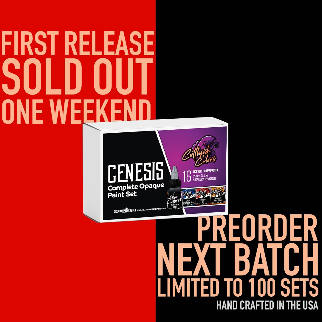 The second batch of Genesis Base Paints are available for preorder now. Snag yours today!

Only 100 sets being made until the 3rd batch (slated for late fall).

us.creaturecaster.com/products/genes…

#miniaturepainting #cuttlefishcolors #creaturecaster