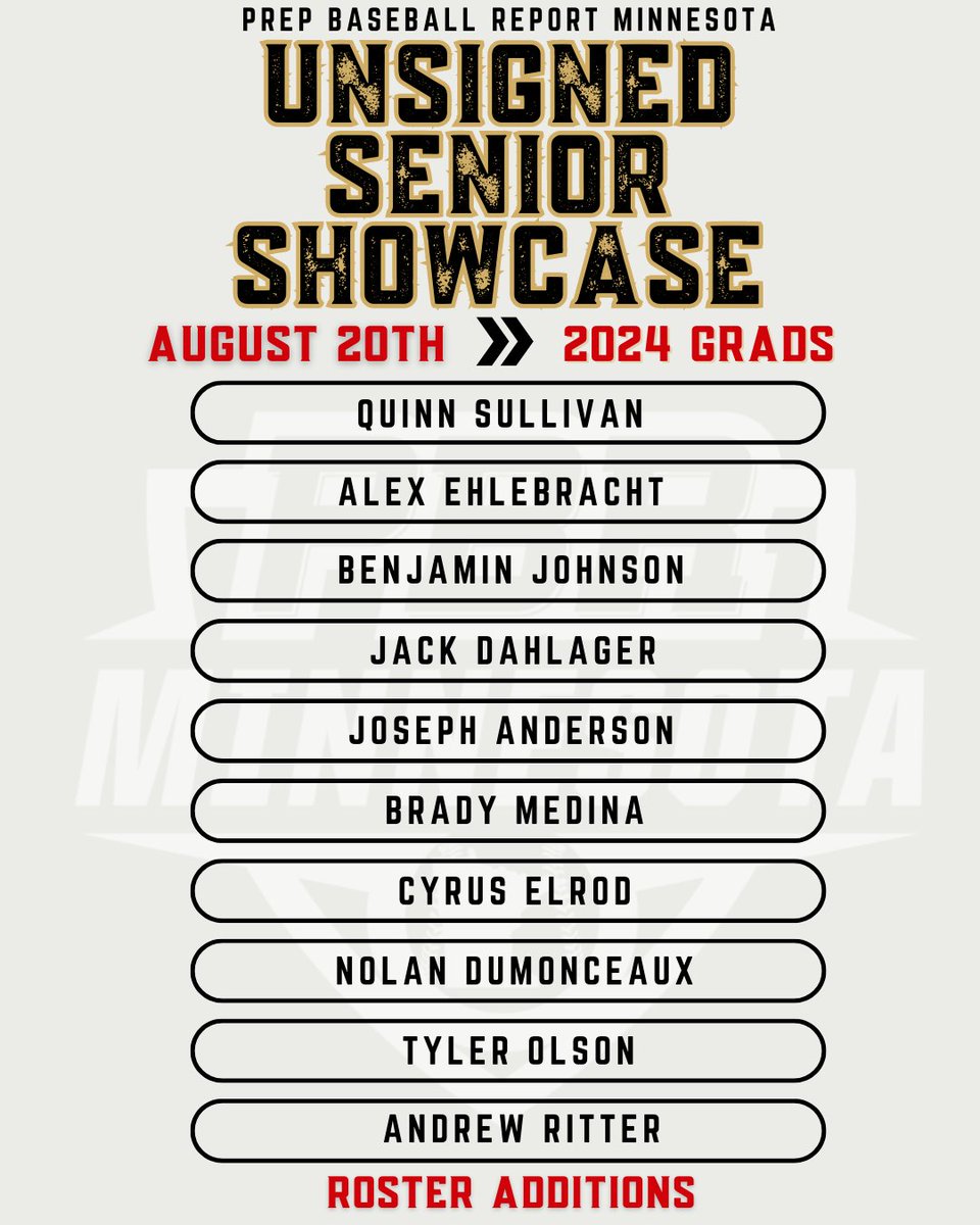 PrepBaseballMN's tweet photo. 𝗨𝗻𝘀𝗶𝗴𝗻𝗲𝗱 𝗦𝗲𝗻𝗶𝗼𝗿 𝗦𝗵𝗼𝘄𝗰𝗮𝘀𝗲 📝 𝘙𝘖𝘚𝘛𝘌𝘙 𝘈𝘋𝘋𝘚

Join the area's uncommitted '24s &amp; update your profile with the latest metrics to enhance your recruitment process.

📍 West St. Paul Dome
🗓 Aug 20, 2023
🔗 https://t.co/TEU97YbmUL

#BeSeen | @PrepBaseball https://t.co/Gr5gHQwKN2