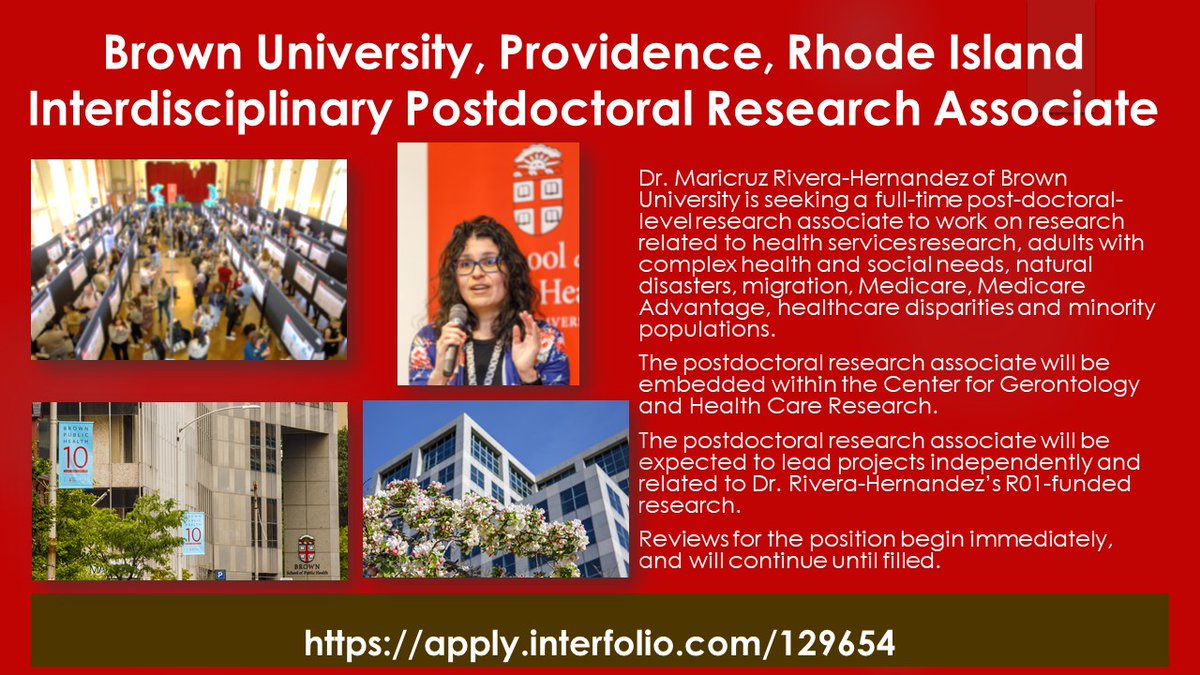 Take the lead on health services research with a postdoctoral position at Brown University! We are doing research related to adults with complex health needs, natural disasters and migration. Apply today. Please share and contact me if you have any questions!