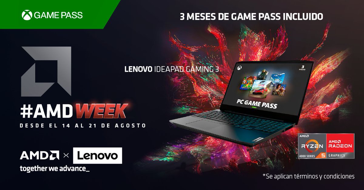 🇨🇱 ¡Sólo para gamers chilenos! Aprovecha la #AMDWeek del 14 al 21 de agosto en <a href="/RipleyChile/">Ripley</a>! Recibe 3 meses de Game Pass de Xbox al comprar una Lenovo Ideapad Gaming 3 con Procesador Móvil AMD Ryzen™ Serie 4000, a un precio increíble. 🤩 Consigue la tuya: bit.ly/47xvUee